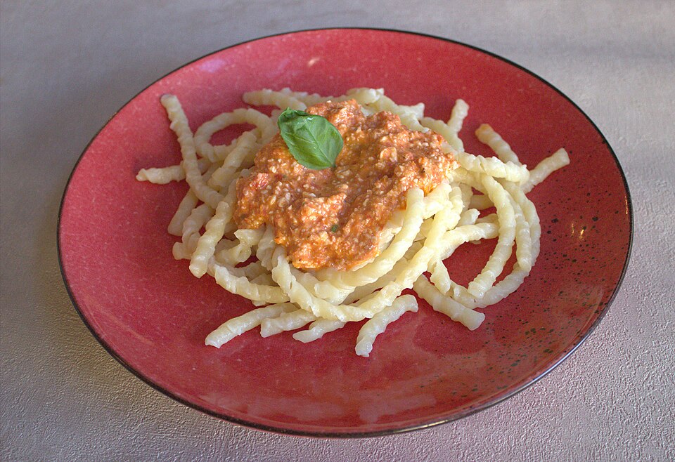 busiate with Trapanese pesto - Traditional Italy dish
